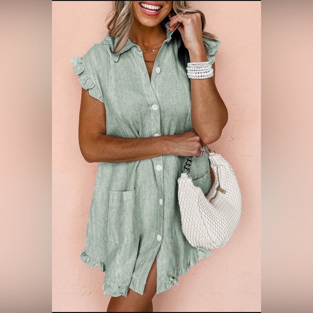Green Ruffle Sleeve Button-Up Dress